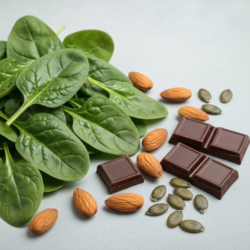Natural magnesium sources including spinach, almonds, and seeds